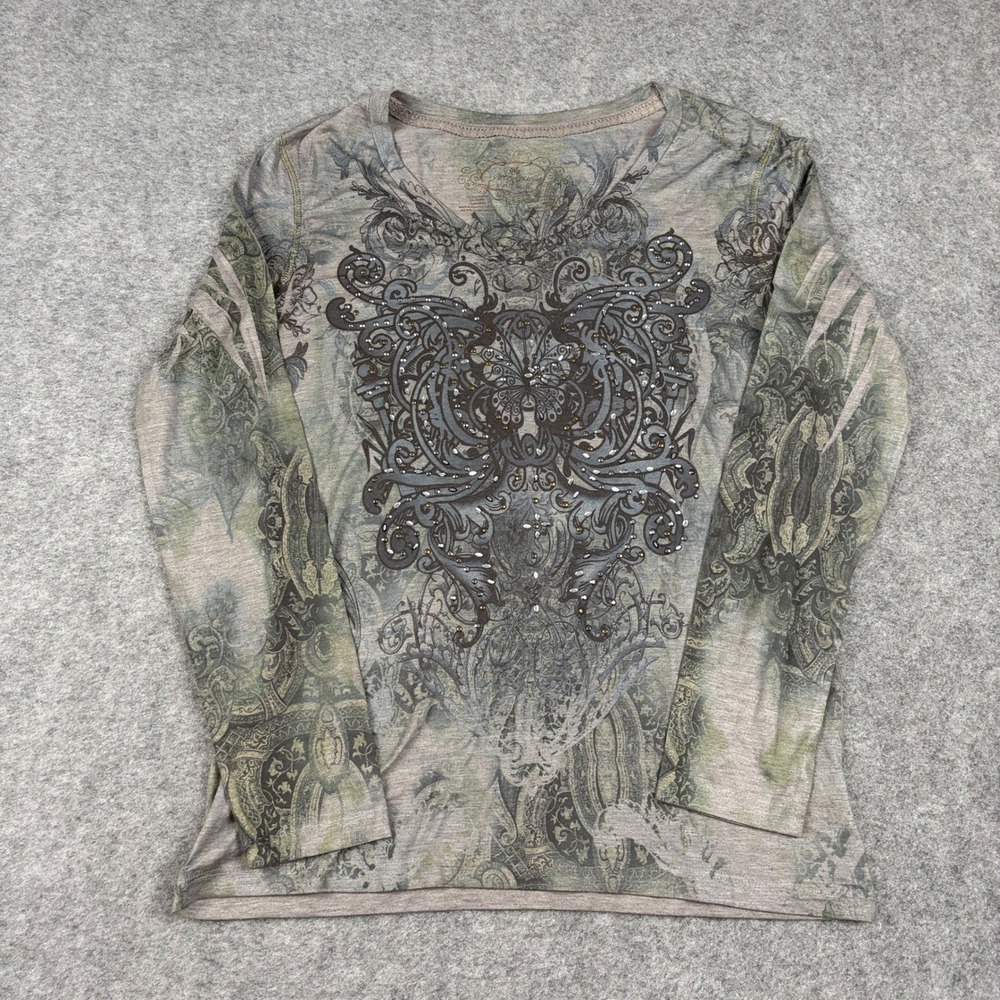 Greensource Graphic Tee Women Large Green Grey Rhinestone Long Sleeve Y2K Boho